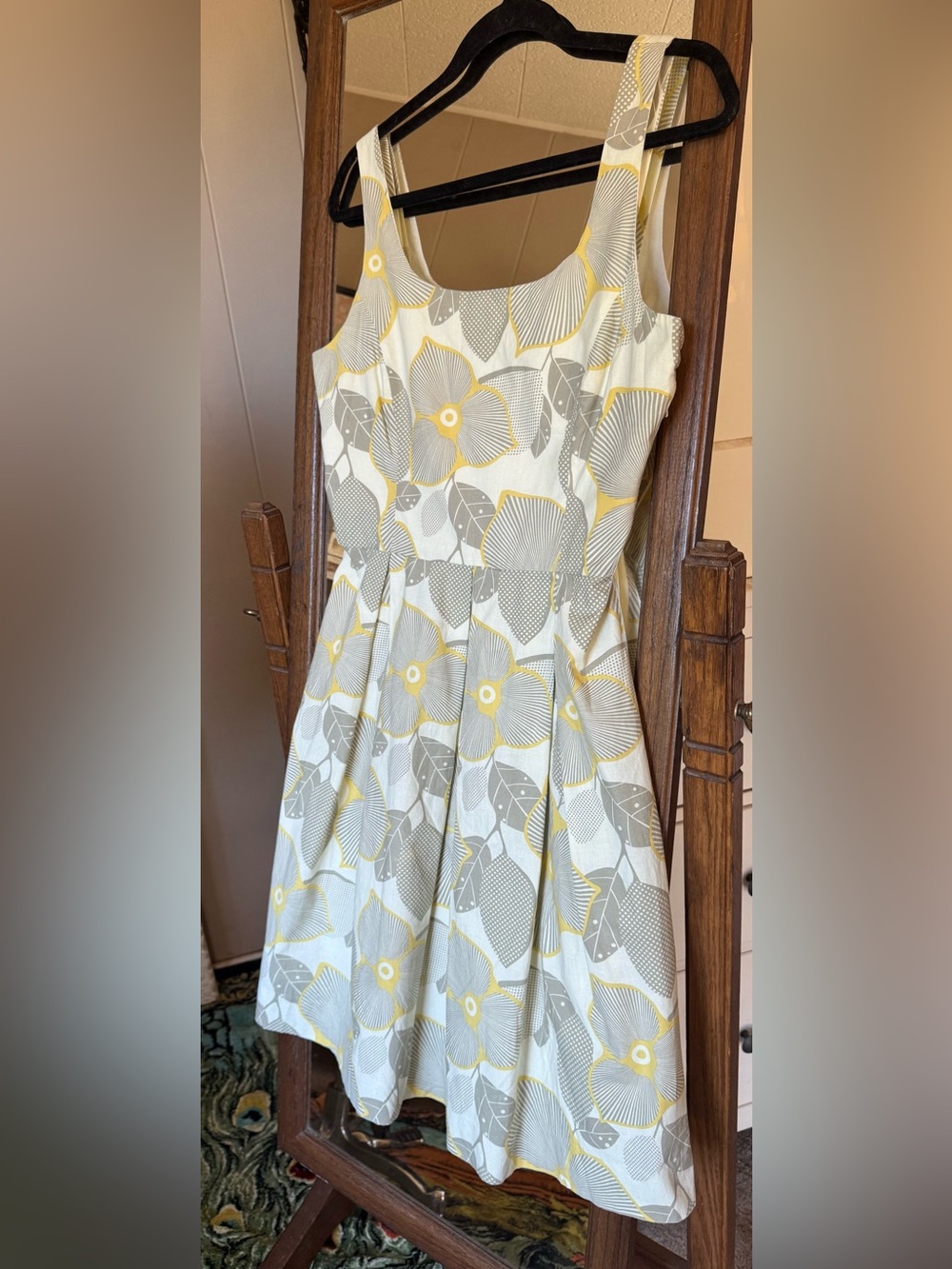 Vintage Yellow & Gray Floral Sleeveless Fit-and-Flare Dress, small